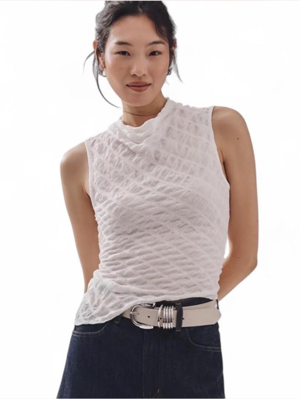 Maeve White Asymmetrical Textured Mock Neck Tank Top
